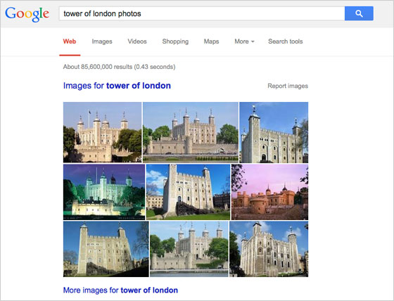 Google search results  for the keyword phrase: photos tower of london